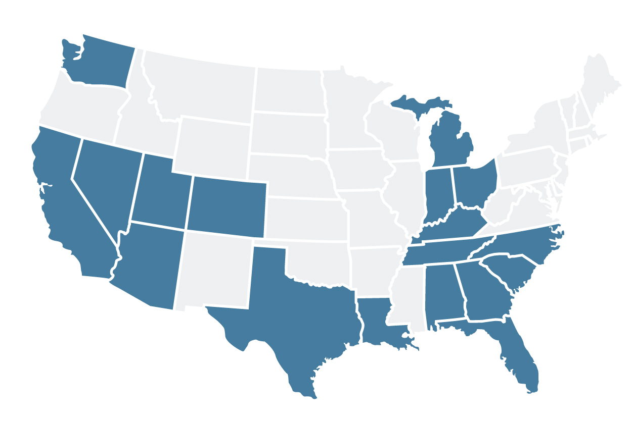 States in which Inspire Home Loans offers mortgage services: Alabama, Arizona, California, Colorado, Florida, Georgia, Indiana, Kentucky, Louisiana, Michigan, North Carolina, Nevada, Ohio, South Carolina, Tennessee, Texas, Utah, Washington