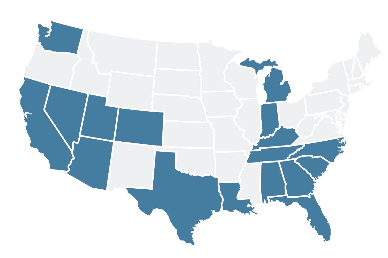 States in which Inspire Home Loans offers mortgage services: Alabama, Arizona, California, Colorado, Florida, Georgia, Indiana, Kentucky, Louisiana, Michigan, North Carolina, Nevada, Ohio, South Carolina, Tennessee, Texas, Utah, Washington